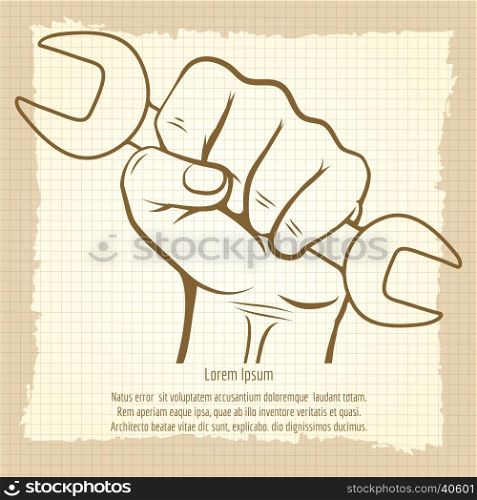 Working hand with wrench silhouette on vintage background - labor day poster. Working hand with wrench silhouette on vintage background - labor day poster vector