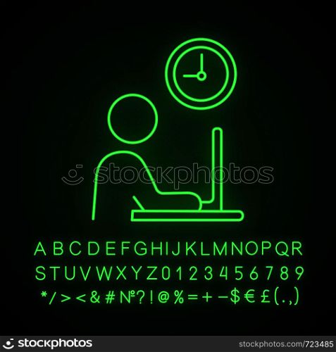 Working hours neon light icon. Worker. Freelance job. Person working with laptop. Glowing sign with alphabet, numbers and symbols. Vector isolated illustration. Working hours neon light icon
