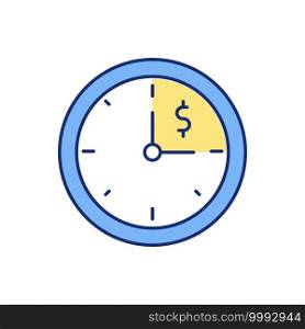 Working hours RGB color icon. Additional overtime payments. Regular pay rates. Working time limit. Extra hours. Normal hourly payments. Receiving overtime pay. Isolated vector illustration. Working hours RGB color icon