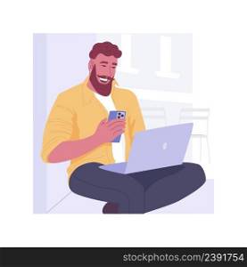 Working in a coffee shop isolated cartoon vector illustrations. Young man with smartphone and laptop working from coffee shop, remote job, freelancer lifestyle, digital nomad vector cartoon.. Working in a coffee shop isolated cartoon vector illustrations.
