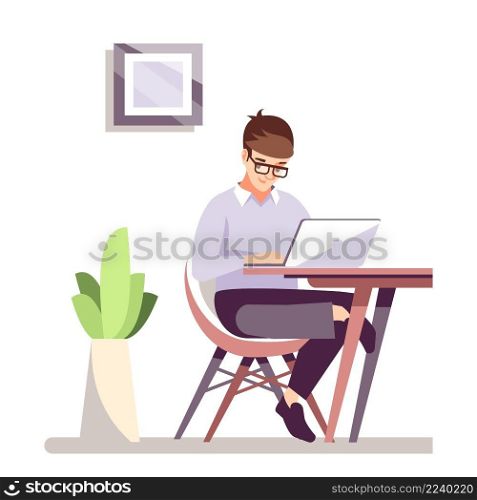 Working in comfortable office space semi flat RGB color vector illustration. Young man sitting with laptop isolated cartoon character on white background. Working in comfortable office space semi flat RGB color vector illustration
