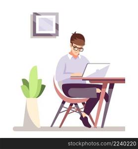 Working in comfortable office space semi flat RGB color vector illustration. Young man sitting with laptop isolated cartoon character on white background. Working in comfortable office space semi flat RGB color vector illustration