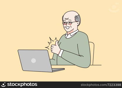 Working in internet and technologies concept. Smiling mature elderly man in glasses sitting at laptop showing thumb up sign with finger vector illustration . Working in internet and technologies concept