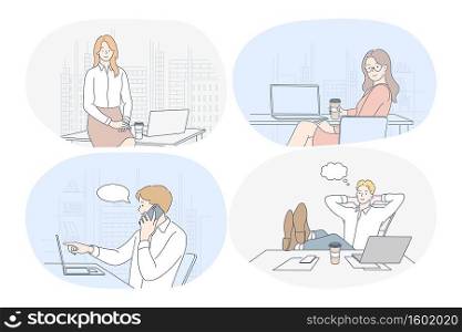 Working in office, laptop, modern company interior, startup, online communication concept. Young woman and man cartoon characters sitting on workplace, working on notebooks, communicating, thinking. Working in office, laptop, modern company interior, startup, online communication concept