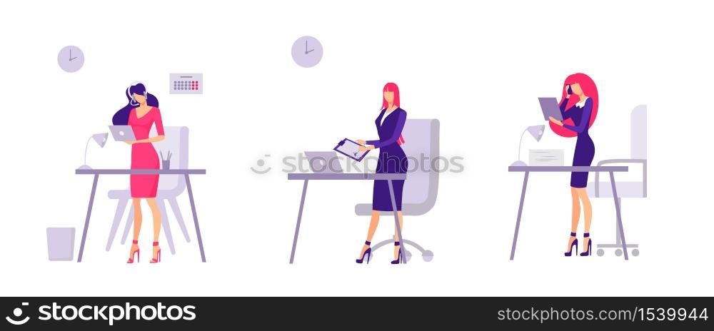 Working in office lonely employee concept. Businesswomen reading documents company female employee calling to colleague or vector partners taking call flat communicating with clients.. Working in office lonely employee concept. Businesswomen reading documents company female employee calling.