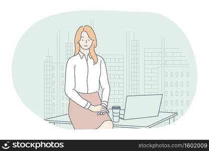 Working in office, modern company interior, online communication concept. Young smiling woman cartoon character sitting on workplace, working on notebook, communicating, thinking about work. Working in office, modern company interior, online communication concept