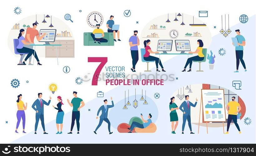 Working in Office People Trendy Flat Vector Characters Set. Female, Male Employees, Business Leaders Team, Entrepreneurs Working Together, Using Computers, Conducting Meeting in Office Illustration
