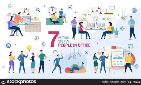 Working in Office People Trendy Flat Vector Characters Set. Female, Male Employees, Business Leaders Team, Entrepreneurs Working Together, Using Computers, Conducting Meeting in Office Illustration