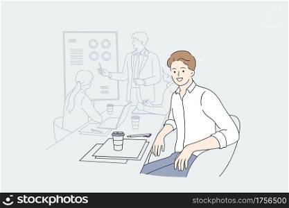 Working in office, presentation, designer concept. Young smiling man designer cartoon character sitting in board room during presentation looking at camera vector illustration . Working in office, presentation, designer concept