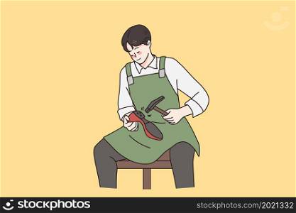 Working in shoe repairing concept. Young man shoemaker sitting repairing female shoe with hammer working over yellow background vector illustration . Working in shoe repairing concept