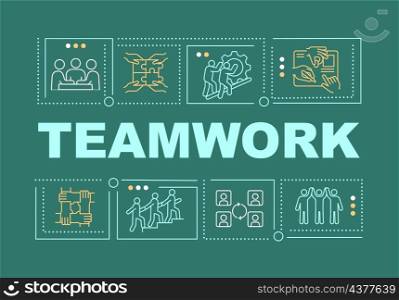 Working in team word concepts green banner. Motivated team building. Infographics with linear icons on background. Isolated typography. Vector color illustration with text. Arial-Black font used. Working in team word concepts green banner