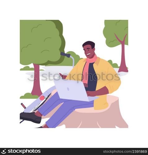 Working in the park isolated cartoon vector illustrations. Smiling freelance man with laptop working in park, remote job, digital nomad, people lifestyle, busy guy outdoors vector cartoon.. Working in the park isolated cartoon vector illustrations.