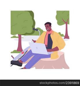 Working in the park isolated cartoon vector illustrations. Smiling freelance man with laptop working in park, remote job, digital nomad, people lifestyle, busy guy outdoors vector cartoon.. Working in the park isolated cartoon vector illustrations.