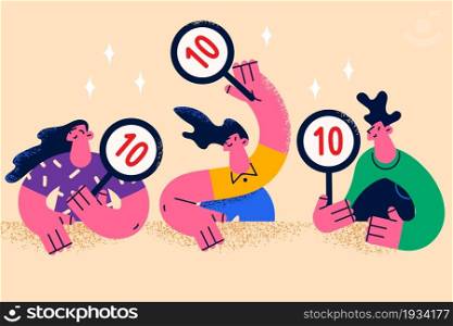 Working jury in entertainment show concept. Group of young smiling people sitting and showing signs with ten points scores greeting participant feeling excited vector illustration . Working jury in entertainment show concept