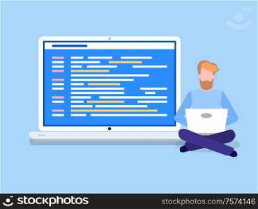 Working laptop, open desktop with program. Sitting man with computer near monitor. Technologies and gadgets, modern tech and equipment flat vector. Sitting Person with Laptop near Gadget Vector