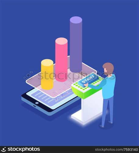 Working man standing by pedestal vector, worker starting new project in business, startup based on analysis and statistics from past, smartphone info. Mobile Phone with Infographs and Man Working Vector