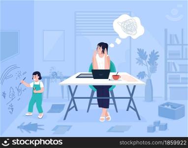 Working mom stress flat color vector illustration. Kid drawing on wall. Problem with remote job. Single mom challenges. Family 2D cartoon characters with home interior on background. Working mom stress flat color vector illustration