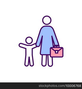 Working mother RGB color icon. Performing work and raising children. Executive woman. Job and parenthood. Maternity leave. Full-time occupation in addition to family. Isolated vector illustration. Working mother RGB color icon