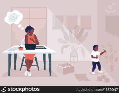 Working mother stress flat color vector illustration. Work life balance. Problem with remote job. Single mom challenges. Family 2D cartoon characters with home interior on background. Working mother stress flat color vector illustration