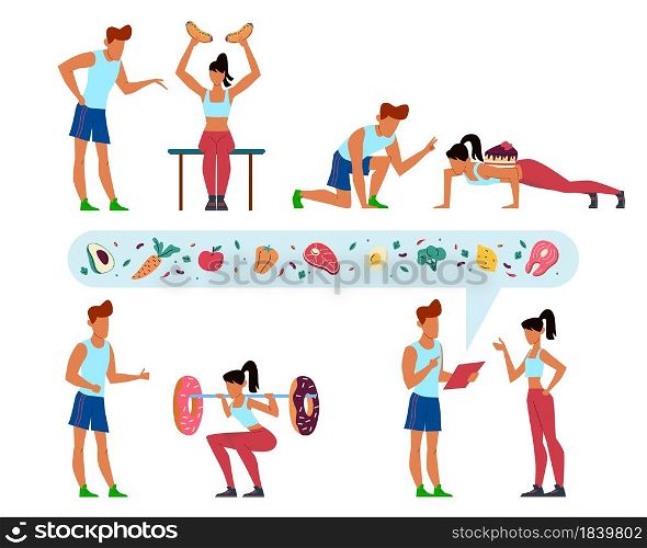 Working off kilocalories. Diet instructions. Cartoon people training in gym. Trainer teaches woman to workout. Fast food and sweets. Coach talking with sportsmen about dieting meal. Vector concept. Working off kilocalories. Diet instructions. People training in gym. Trainer teaches woman to workout. Fast food and sweets. Coach talking with sportsmen about meal. Vector concept