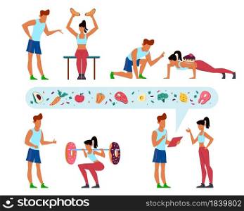 Working off kilocalories. Diet instructions. Cartoon people training in gym. Trainer teaches woman to workout. Fast food and sweets. Coach talking with sportsmen about dieting meal. Vector concept. Working off kilocalories. Diet instructions. People training in gym. Trainer teaches woman to workout. Fast food and sweets. Coach talking with sportsmen about meal. Vector concept