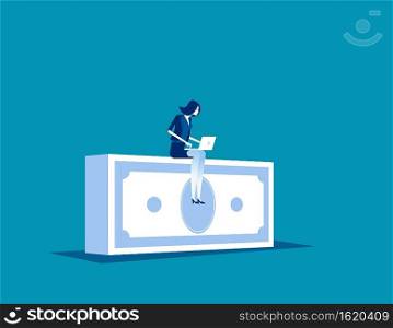 Working on a stack of money. Concept business currency vector illustration,  Work time, Investor 