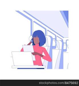 Working on the train isolated concept vector illustration. Busy man talking on the smartphone in high-speed train, business class travel, wifi connection in transport vector concept.. Working on the train isolated concept vector illustration.