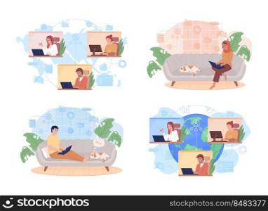 Working online 2D vector isolated illustration set. Distant job flat characters on cartoon background. Colleagues cooperation colourful editable scene for mobile, website, presentation collection . Working online 2D vector isolated illustration set