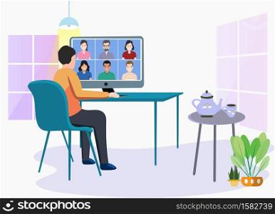 Working online at home. or meeting conference. coworking space, concept illustration. Man and woman freelancers working on laptops at home. People at home. social distance coronavirus quarantine.