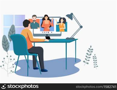 Working online at home. or meeting conference. coworking space, concept illustration. Man and woman freelancers working on laptops at home. People at home. social distance coronavirus quarantine.