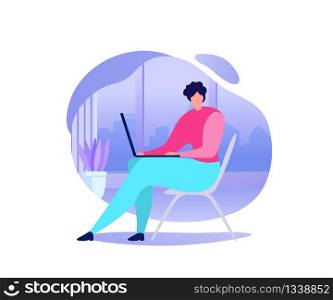 Working Online Flat Vector Concept. Woman Using Laptop, Booking Tickets in Internet, Buying Goods, Communicating with Friend in Social Network Illustration Isolated on White Background. Freelance Work