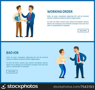 Working order and bad job vector posters. Boss praising new colleague for well done work. Leader businessman has conflict with employee at workplace flat style. Working Order Bad Job Boss Praising Vector Posters