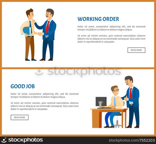 Working order and good job posters. Boss giving instructions to employee, conversation between colleagues. Leader encouraging coworker, praising fresher. Working Order Boss Giving Instructions to Employee