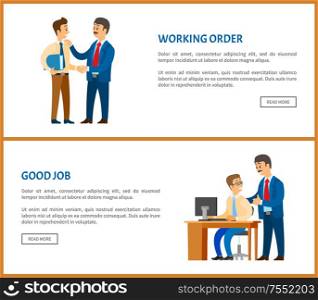 Working order and good job posters. Boss giving instructions to employee, conversation between colleagues. Leader encouraging coworker, praising fresher. Working Order Boss Giving Instructions to Employee