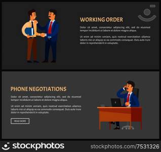 Working order and phone negotiations vector poster. Boss leader speaking on telephone, conversation with client in support center. Man gives consultations. Working Order and Phone Negotiations Vector Poster
