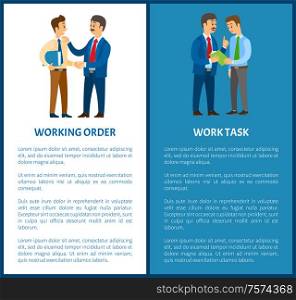 Working order and work task, office worker duties. Boss and employee, documents in folder or pad with paper, manager or clerk vector illustrations.. Working Order and Work Task, Office Worker Duties