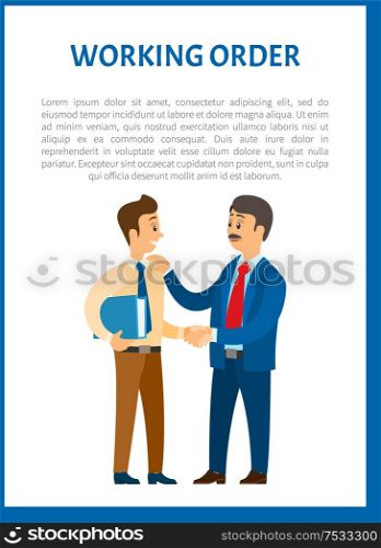 Working order, boss giving instructions to employee, conversation between colleagues. Leader encouraging coworker, praising for good job, vector poster. Working Order Boss Giving Instructions to Employee