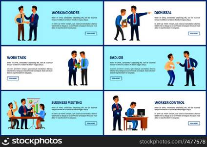 Working order, dismissal from job meeting with report, good and bad jobs, manager supervision. Office work, boss and employee relationships, tasks. Working Order, Dismissal, Job Meeting with Report