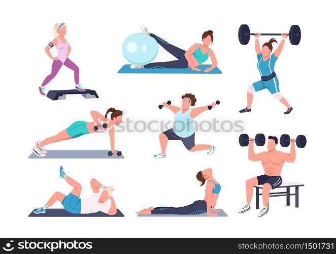 Working out people flat color vector faceless characters set. Different physical exercises isolated cartoon illustrations on white background. Fitness at home. Bodybuilding, yoga and pilates. Working out people flat color vector faceless characters set