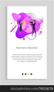Working people finding business solution vector, male and woman with cogwheels process of interaction and cooperation of partners looking for ways. Website or app slider, landing page flat style. Business Solution People with Cogwheels Working