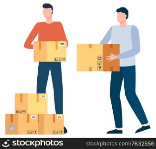 Working people, man with boxes moving packages. Carton containers, orders of clients, delivery and shipment, delivered with cargo. Vector illustration in flat cartoon style. Workers Carrying Packages and Cargo Orders Vector