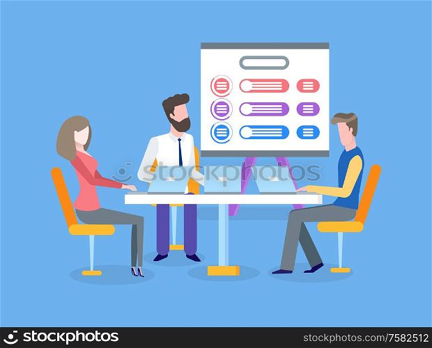 Working people vector, brainstorm at conference. Workers with laptops discussing business problems. Whiteboard with plan and explanation charts diagram. Conference of Colleagues, Business Seminar ar Work
