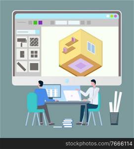 Working people vector, engineers with new ideas on construction of building design flat style. Monitor with application for s&les and templates look. Business People, Engineers by Laptops Working