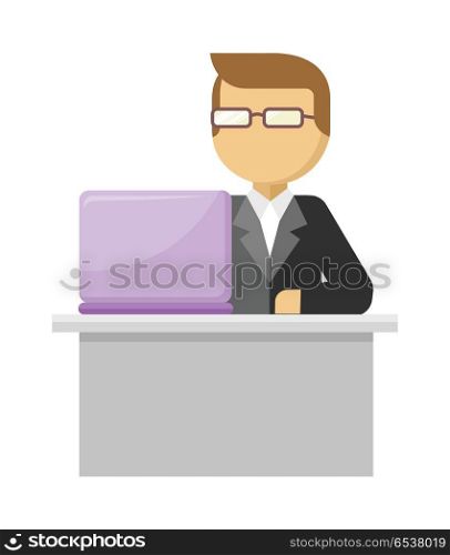 Working Person Web Banner. Man Work with Notebook. Working person web banner. Man work with laptop and analyze website in flat design style. Developing solution, software development or construction. Search of innovations. Vector illustration