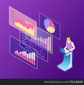 Working person with information vector, structures and diagrams with numeric info, data on board, flowcharts with timeline and colored parts segments 3d isometric. Person with Information on Digital Screens Vector
