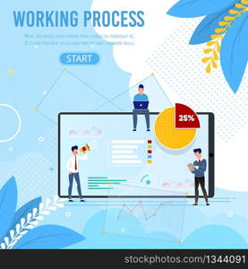 Working Process and Office Staff Banner with Start Button. Cartoon Men Typing on Laptop, Messaging on Phone, Announcing in Megaphone. Vector Huge Digital Screen with Charts and Graphs Illustration. Working Process and Staff Banner with Start Button