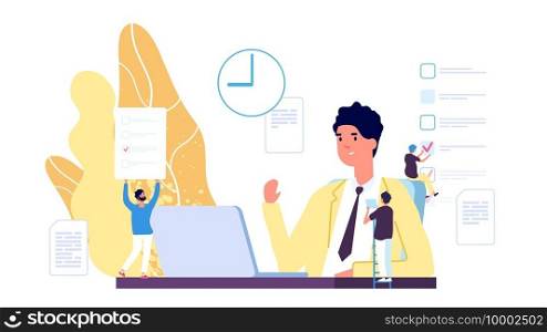 Working process. Business environment vector concept. Flat businessman or manager and tiny people characters. Business work management, illustration of man office work process. Working process. Business environment vector concept. Flat businessman or manager and tiny people characters