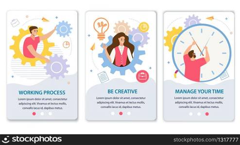 Working Process, Creative Thinking, Time Management Trendy Flat Vector Vertical Web Banners, Sliding Landing Pages Templates Set with Working Female, Male Employees Surrounded Gears Illustration