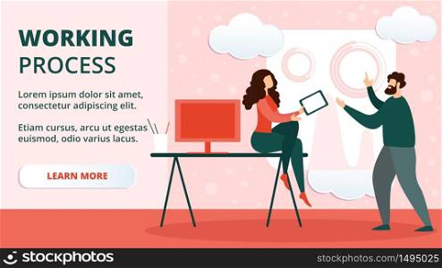 Working Process Horizontal Banner. Business Man and Woman Discussion, Relaxed Characters Team in Office with Computer and Tablet Communicating of Project Development. Cartoon Flat Vector Illustration. Business Man and Woman Discussion, Team in Office