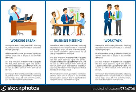 Working process in office, boss and employees. Break and business meeting, work task. Rest and conference with presentation vector illustrations.. Working Process in Office, Boss and Employees
